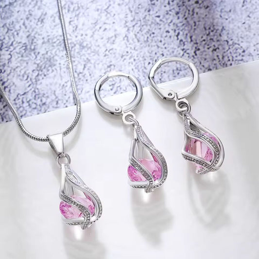 Hot Rotating Water Drop Silver Plated Zirconia Jewelry Set For Women Pink White Blue Black Necklace And Earrings 2 Pieces Set